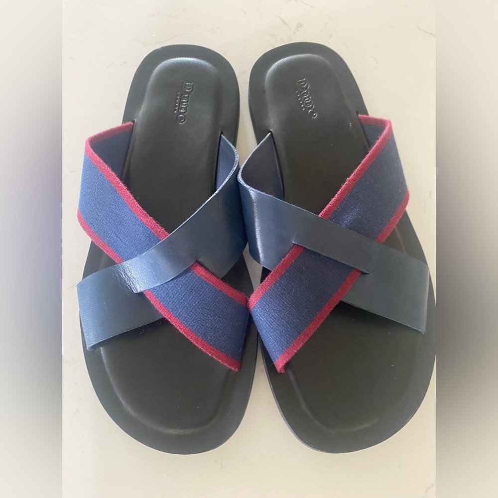 Dune London Cross-Strap Leather Textile Men's Sliders Sandals Navy US 8 EU 42